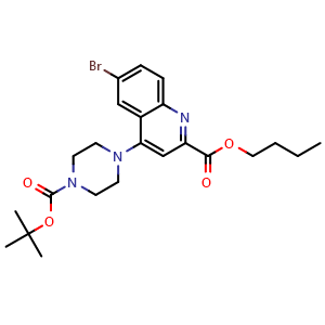 Chemical structure of butyl 6-bromo-4-(4-(tert-butoxycarbonyl)piperazin-1-yl)quinoline-2-carboxylate , CAS 887589-51-7, AChemBlock AD288304