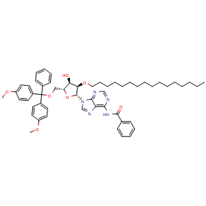 Chemical structure of N-(9-((2R,3R,4R,5R)-5-((bis(4-methoxyphenyl)(phenyl)methoxy)methyl)-3-(hexadecyloxy)-4-hydroxytetrahydrofuran-2-yl)-9H-purin-6-yl)benzamide , CAS 2382942-34-7, AChemBlock AD288332