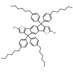 Chemical structure of 2,7-Dibromo-4,4,9,9-tetrakis(4-hexylphenyl)-4,9-dihydro-s-indaceno[1,2-b:5,6-b']dithiophene , CAS 1049034-71-0, AChemBlock AD288362