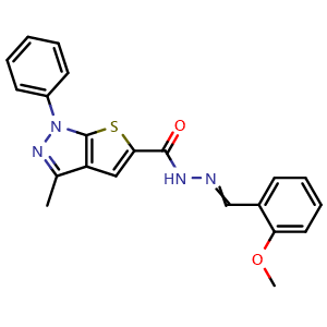 Chemical structure of N'-(2-Methoxybenzylidene)-3-methyl-1-phenyl-1H-thieno[2,3-c]pyrazole-5-carbohydrazide , CAS 332390-37-1, AChemBlock AD288459