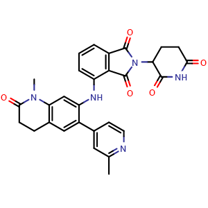 Chemical structure of 2-(2,6-dioxo-3-piperidyl)-4-[[1-methyl-6-(2-methyl-4-pyridyl)-2-oxo-3,4-dihydroquinolin-7-yl]amino]isoindoline-1,3-dione , CAS 3036554-23-8, AChemBlock AD288472