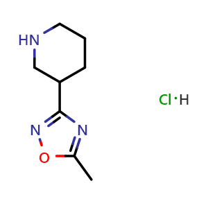 Chemical structure of 3-(5-Methyl-1,2,4-oxadiazol-3-yl)piperidine hydrochloride , CAS 895572-60-8, AChemBlock AD288482