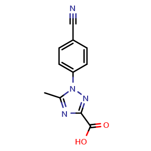 Chemical structure of 1-(4-Cyanophenyl)-5-methyl-1H-1,2,4-triazole-3-carboxylic acid , CAS 1154374-36-3, AChemBlock AD288483