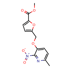 Chemical structure of Methyl 5-(((6-methyl-2-nitropyridin-3-yl)oxy)methyl)furan-2-carboxylate , CAS 853570-80-6, AChemBlock AD288491