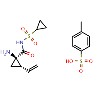 Chemical structure of (1R,2S)-1-Amino-N-(cyclopropylsulfonyl)-2-ethenylcyclopropanecarboxamide 4-methylbenzenesulfonate (1:1) , CAS 1028252-16-5, AChemBlock AD288540