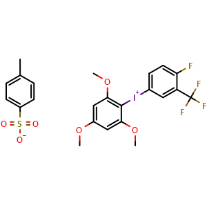 Chemical structure of (4-Fluoro-3-(trifluoromethyl)phenyl)(2,4,6-trimethoxyphenyl)iodonium 4-methylbenzenesulfonate , CAS 1868173-29-8, AChemBlock AD288552