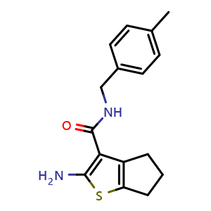 Chemical structure of 2-Amino-N-(4-methylbenzyl)-5,6-dihydro-4H-cyclopentabthiophene-3-carboxamide , CAS 725226-42-6, AChemBlock AD288556