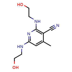 Chemical structure of 2,6-Bis((2-hydroxyethyl)amino)-4-methylnicotinonitrile , CAS 38841-88-2, AChemBlock AD288574