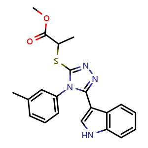 Chemical structure of Methyl 2-((5-(1H-indol-3-yl)-4-(m-tolyl)-4H-1,2,4-triazol-3-yl)thio)propanoate , CAS 867296-94-4, AChemBlock AD288586