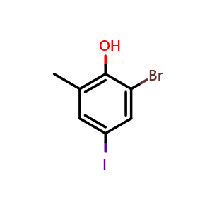 Chemical structure of 2-Bromo-4-iodo-6-methylphenol , CAS 1820641-98-2, AChemBlock AD288591