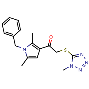 Chemical structure of 1-(1-Benzyl-2,5-dimethyl-1H-pyrrol-3-yl)-2-((1-methyl-1H-tetrazol-5-yl)thio)ethan-1-one , CAS 796093-87-3, AChemBlock AD288604
