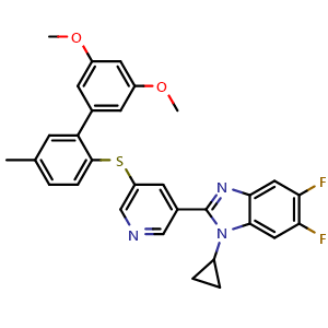 Chemical structure of 1-cyclopropyl-2-(5-((3',5'-dimethoxy-5-methyl-[1,1'-biphenyl]-2-yl)thio)pyridin-3-yl)-5,6-difluoro-1H-benzo[d]imidazole , CAS 2786716-45-6, AChemBlock AD288612
