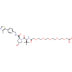 Chemical structure of (S)-19-[(2S,4R)-4-Hydroxy-2-[[4-(4-methylthiazol-5-yl)benzyl]carbamoyl]pyrrolidine-1-carbonyl]-20,20-dimethyl-17-oxo-3,6,9,12,15-pentaoxa-18-azahenicosan-1-oic acid , CAS 2172820-13-0, AChemBlock AD288642