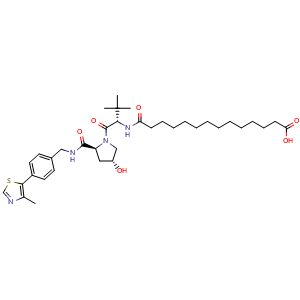 Chemical structure of 14-[[(S)-1-[(2S,4R)-4-Hydroxy-2-[[4-(4-methylthiazol-5-yl)benzyl]carbamoyl]pyrrolidin-1-yl]-3,3-dimethyl-1-oxo-2-butyl]amino]-14-oxotetradecanoic acid , CAS 2376050-01-8, AChemBlock AD288643