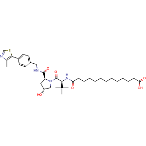 Chemical structure of 13-[[(S)-1-[(2S,4R)-4-Hydroxy-2-[[4-(4-methylthiazol-5-yl)benzyl]carbamoyl]pyrrolidin-1-yl]-3,3-dimethyl-1-oxo-2-butyl]amino]-13-oxotridecanoic Acid , CAS 2376139-65-8, AChemBlock AD288644
