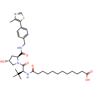 Chemical structure of 12-[[(S)-1-[(2S,4R)-4-Hydroxy-2-[[4-(4-methylthiazol-5-yl)benzyl]carbamoyl]pyrrolidin-1-yl]-3,3-dimethyl-1-oxobutan-2-yl]amino]-12-oxododecanoic acid , CAS 2357115-09-2, AChemBlock AD288645