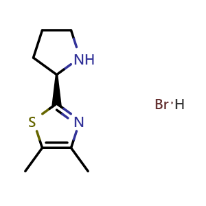 Chemical structure of 4,5-dimethyl-2-[(2R)-pyrrolidin-2-yl]thiazole hydrobromide , CAS 2256054-65-4, AChemBlock AD288651