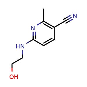 Chemical structure of 6-((2-Hydroxyethyl)amino)-2-methylnicotinonitrile , CAS 1877143-86-6, AChemBlock AD288674