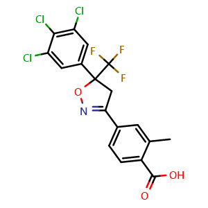 Chemical structure of 2-Methyl-4-(5-(3,4,5-trichlorophenyl)-5-(trifluoromethyl)-4,5-dihydroisoxazol-3-yl)benzoic acid , CAS 1332697-27-4, AChemBlock AD288693