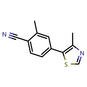 Chemical structure of 2-methyl-4-(4-methylthiazol-5-yl)benzonitrile , CAS 2168746-48-1, AChemBlock AD288694
