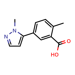 Chemical structure of 2-Methyl-5-(1-methyl-1H-pyrazol-5-yl)benzoic acid , CAS 1494820-86-8, AChemBlock AD288718