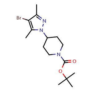 Chemical structure of 1-Boc-4-(4-bromo-3,5-dimethyl-1H-pyrazol-1-yl)piperidine , CAS 1092564-39-0, AChemBlock AD288728