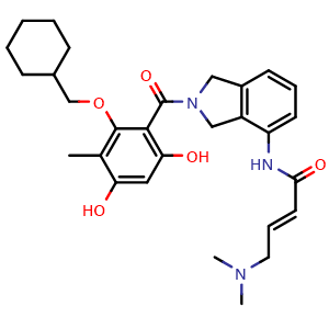 Chemical structure of trans-N-[2-[2-(cyclohexylmethoxy)-4,6-dihydroxy-3-methyl-benzoyl]isoindolin-4-yl]-4-(dimethylamino)but-2-enamide , CAS 2930070-08-7, AChemBlock AD288746
