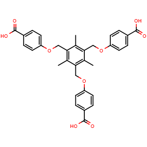 Chemical structure of 4,4',4''-(((2,4,6-Trimethylbenzene-1,3,5-triyl)tris(methylene))tris(oxy))tribenzoic acid , CAS 1401343-31-4, AChemBlock AD288749
