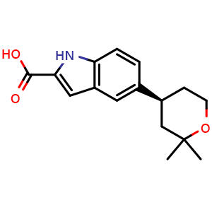 Chemical structure of (S)-5-(2,2-Dimethyltetrahydro-2H-pyran-4-yl)-1H-indole-2-carboxylic acid , CAS 2212021-78-6, AChemBlock AD288776