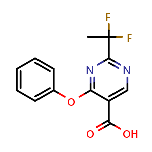 Chemical structure of 2-(1,1-difluoroethyl)-4-phenoxypyrimidine-5-carboxylic acid , CAS 3026507-68-3, AChemBlock AD288800