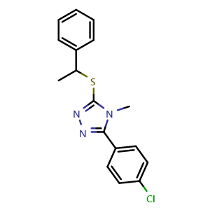 Chemical structure of 3-(4-Chlorophenyl)-4-methyl-5-((1-phenylethyl)thio)-4H-1,2,4-triazole , CAS 792960-68-0, AChemBlock AD288801