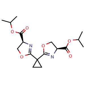 Chemical structure of Diisopropyl 2,2'-(cyclopropane-1,1-diyl)(4S,4'S)-bis(4,5-dihydrooxazole-4-carboxylate) , CAS 2328083-86-7, AChemBlock AD288818
