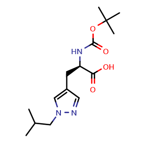 Chemical structure of (2R)-2-{[(tert-butoxy)carbonyl]amino}-3-[1-(2-methylpropyl)-1H-pyrazol-4-yl]propanoic acid , CAS 2350140-74-6, AChemBlock AD288829