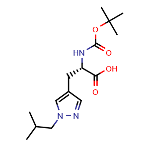 Chemical structure of (2S)-2-{[(tert-butoxy)carbonyl]amino}-3-[1-(2-methylpropyl)-1H-pyrazol-4-yl]propanoic acid , CAS 2350015-49-3, AChemBlock AD288830