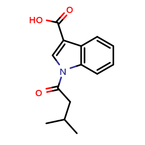 Chemical structure of 1-(3-Methylbutanoyl)-1H-indole-3-carboxylic acid , CAS 1368575-41-0, AChemBlock AD288836