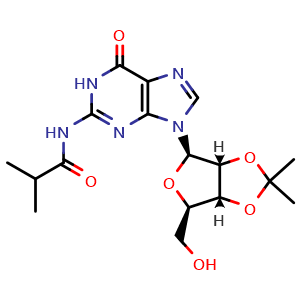 Chemical structure of N-(9-((3aR,4R,6R,6aR)-6-(hydroxymethyl)-2,2-dimethyltetrahydrofuro[3,4-d][1,3]dioxol-4-yl)-6-oxo-6,9-dihydro-1H-purin-2-yl)isobutyramide , CAS 132840-60-9, AChemBlock AD288869