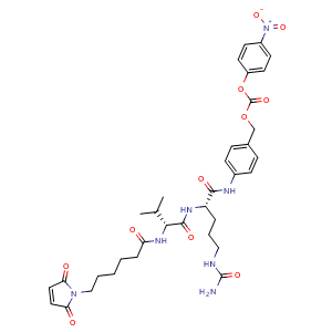 Chemical structure of [4-[[(2S)-2-[[(2R)-2-[6-(2,5-dioxopyrrol-1-yl)hexanoylamino]-3-methyl-butanoyl]amino]-5-ureido-pentanoyl]amino]phenyl]methyl (4-nitrophenyl) carbonate , CAS 1350456-64-2, AChemBlock AD288876