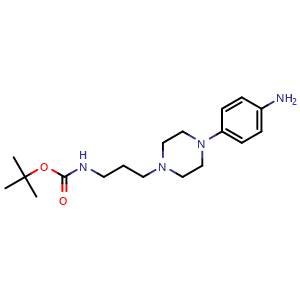 Chemical structure of 4-[4-[3-(Boc-amino)propyl]piperazin-1-yl]aniline , CAS 643087-19-8, AChemBlock AD288905