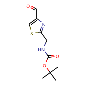 Chemical structure of tert-Butyl ((4-formylthiazol-2-yl)methyl)carbamate , CAS 165667-54-9, AChemBlock AD288910