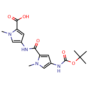 Chemical structure of 4-(4-((tert-Butoxycarbonyl)amino)-1-methyl-1H-pyrrole-2-carboxamido)-1-methyl-1H-pyrrole-2-carboxylic acid , CAS 126092-98-6, AChemBlock AD288927
