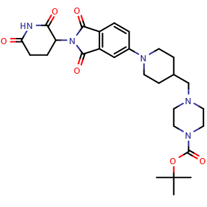 Chemical structure of tert-Butyl 4-((1-(2-(2,6-dioxopiperidin-3-yl)-1,3-dioxoisoindolin-5-yl)piperidin-4-yl)methyl)piperazine-1-carboxylate , CAS 2229725-33-9, AChemBlock AD288952
