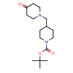 Chemical structure of tert-butyl 4-[(4-oxo-1-piperidyl)methyl]piperidine-1-carboxylate , CAS 3078378-93-2, AChemBlock AD288969