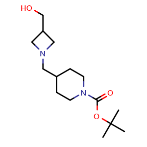 Chemical structure of tert-Butyl 4-((3-(hydroxymethyl)azetidin-1-yl)methyl)piperidine-1-carboxylate , CAS 1824017-45-9, AChemBlock AD288970