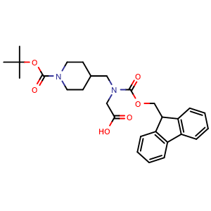 Chemical structure of 2-[(1-tert-butoxycarbonyl-4-piperidyl)methyl-(9H-fluoren-9-ylmethoxycarbonyl)amino]acetic acid , CAS 2102408-73-9, AChemBlock AD288971
