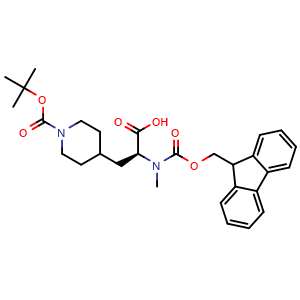 Chemical structure of (S)-2-[Fmoc-(methyl)amino]-3-(1-Boc-4-piperidyl)propanoic acid , CAS 2973753-79-4, AChemBlock AD288974