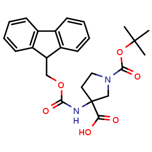 Chemical structure of 3-((((9H-Fluoren-9-yl)methoxy)carbonyl)amino)-1-(tert-butoxycarbonyl)pyrrolidine-3-carboxylic acid , CAS 1228551-85-6, AChemBlock AD288978