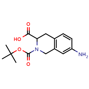 Chemical structure of 7-amino-2-(tert-butoxycarbonyl)-1,2,3,4-tetrahydroisoquinoline-3-carboxylic acid , CAS 420788-05-2, AChemBlock AD288984