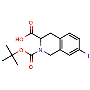 Chemical structure of 2-Boc-7-iodo-1,2,3,4-tetrahydroisoquinoline-3-carboxylic acid , CAS 228728-16-3, AChemBlock AD288985