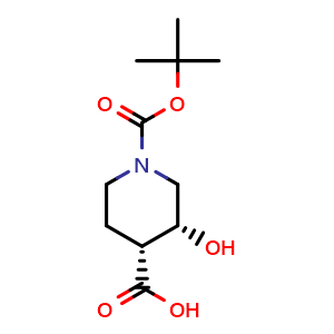 Chemical structure of (3R,4R)-1-Boc-3-hydroxypiperidine-4-carboxylic acid , CAS 1932301-36-4, AChemBlock AD288996