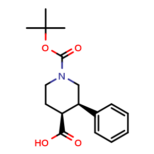 Chemical structure of (3R,4S)-1-Boc-3-phenylpiperidine-4-carboxylic acid , CAS 951742-82-8, AChemBlock AD288998